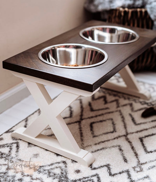 Small Elevated Dog Bowl Stand - Trestle Farmhouse Table Two Bowl Stand -  billscustombuilds