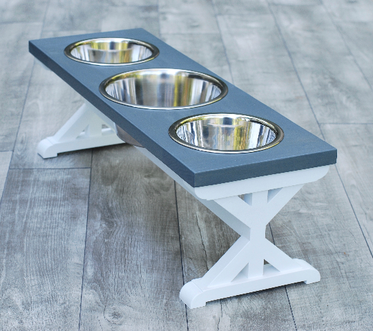 Medium Elevated Dog Bowl Stand - Trestle Farmhouse Table - Three Bowl Stand