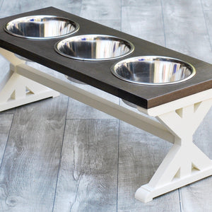 Large Elevated Dog Bowl Stand - Trestle Farmhouse Table Three Bowl Stand