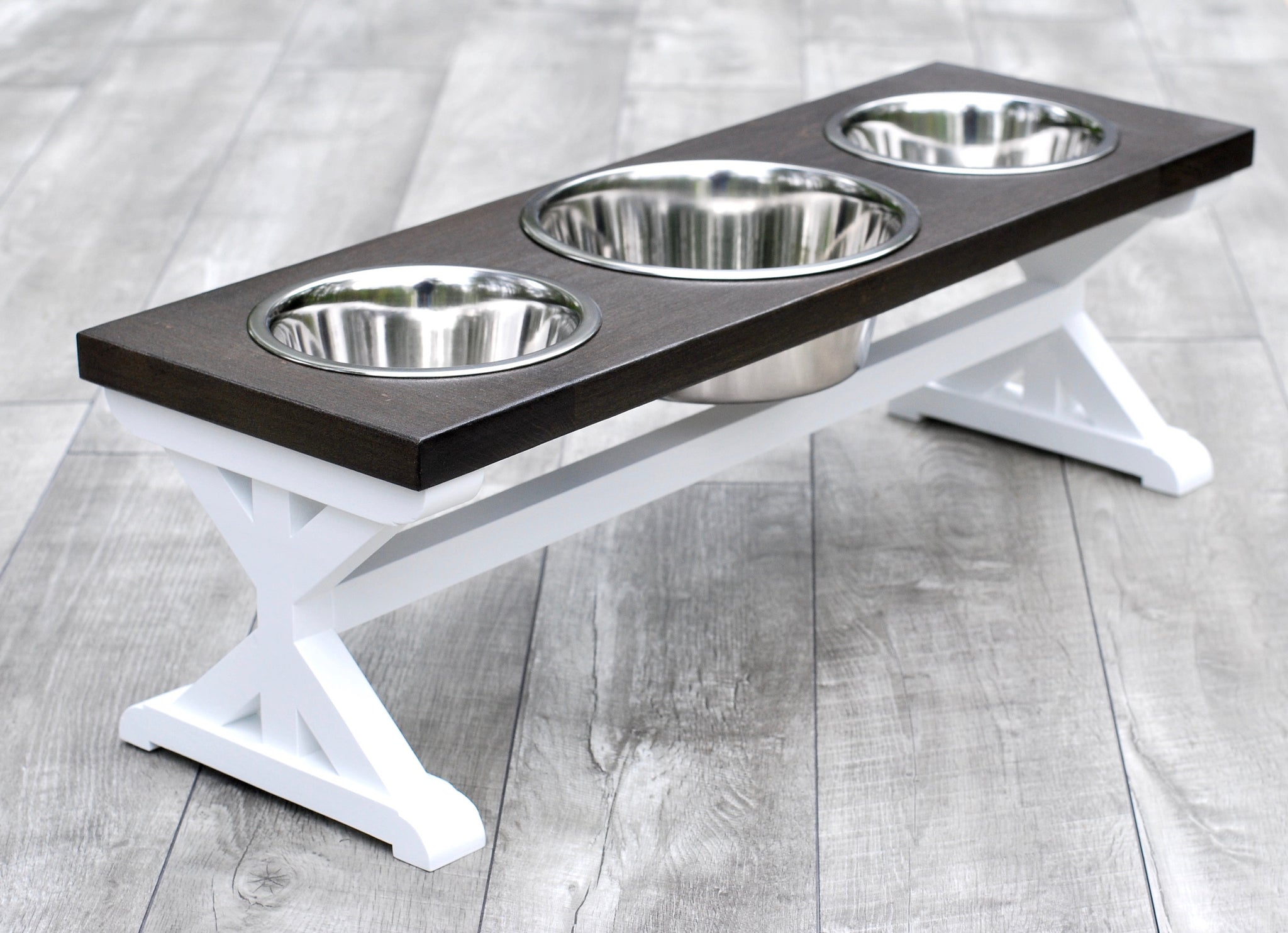 Medium Elevated Dog Bowl Stand - Trestle Farmhouse Table - Three Bowl Stand