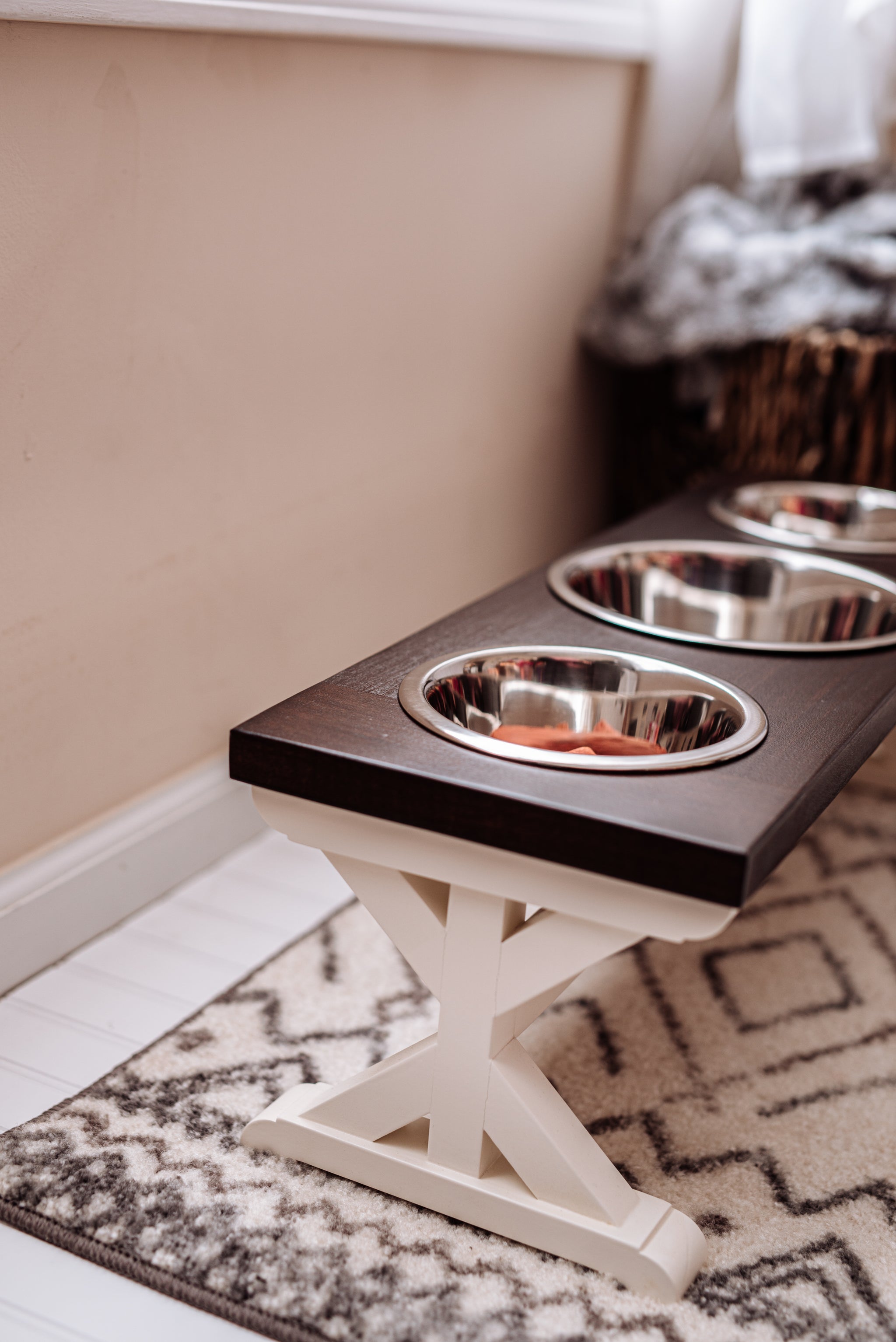 Medium Elevated Dog Bowl Stand - Trestle Farmhouse Table - Three Bowl Stand