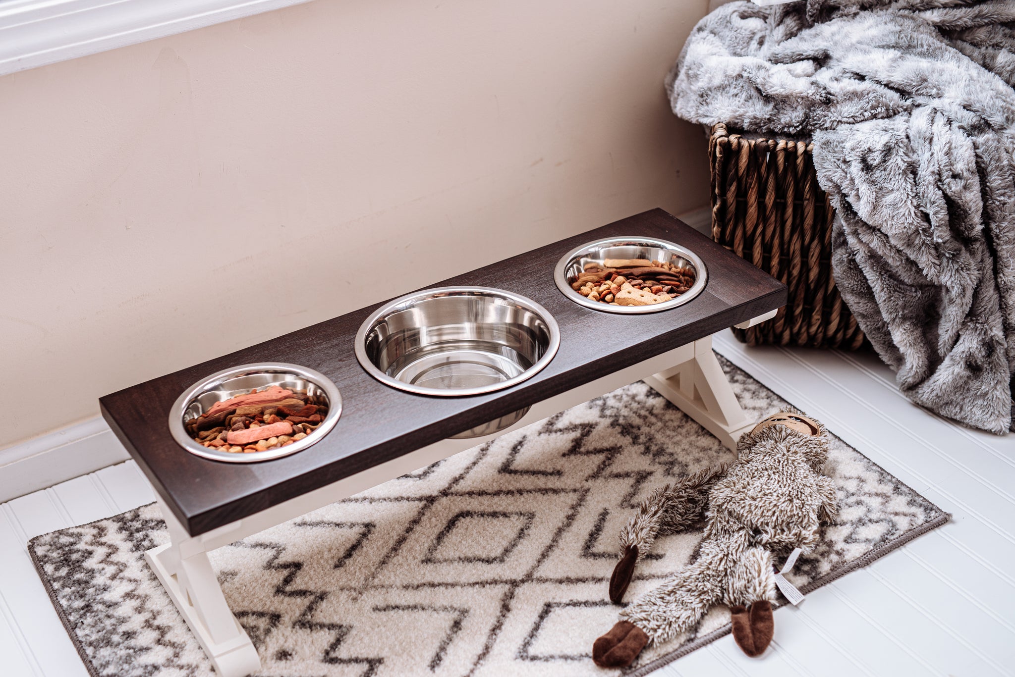 Medium Elevated Dog Bowl Stand - Trestle Farmhouse Table - Three Bowl Stand