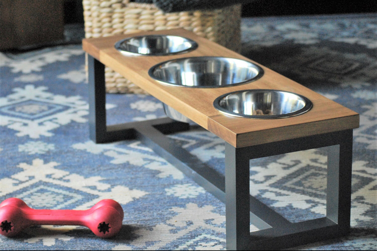 Extra Large Dog Bowl Stand - Modern Square Legs - Three Bowl Dog