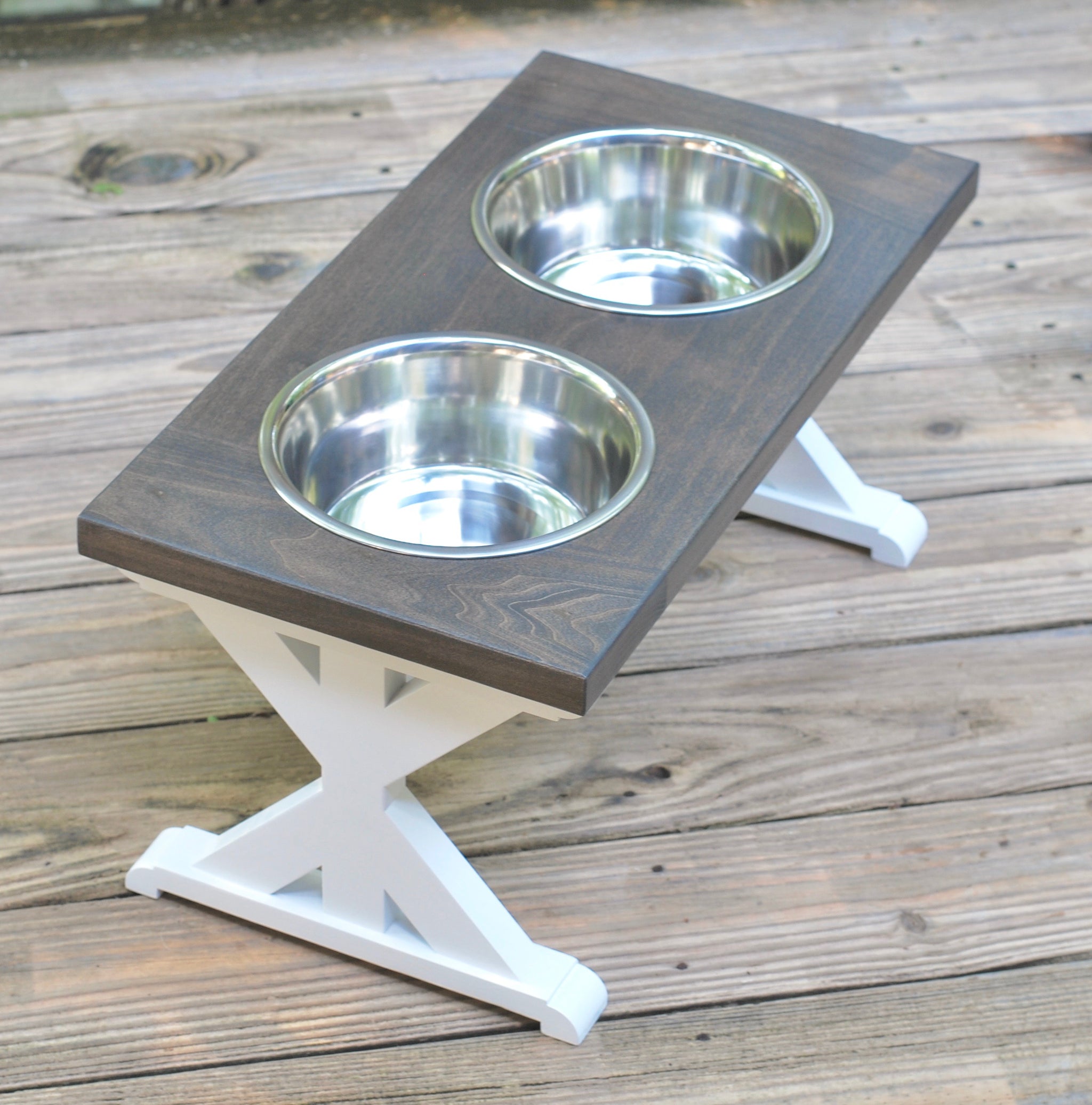 Medium Elevated Dog Bowl Stand - Trestle Farmhouse Two Bowl Stand -  billscustombuilds