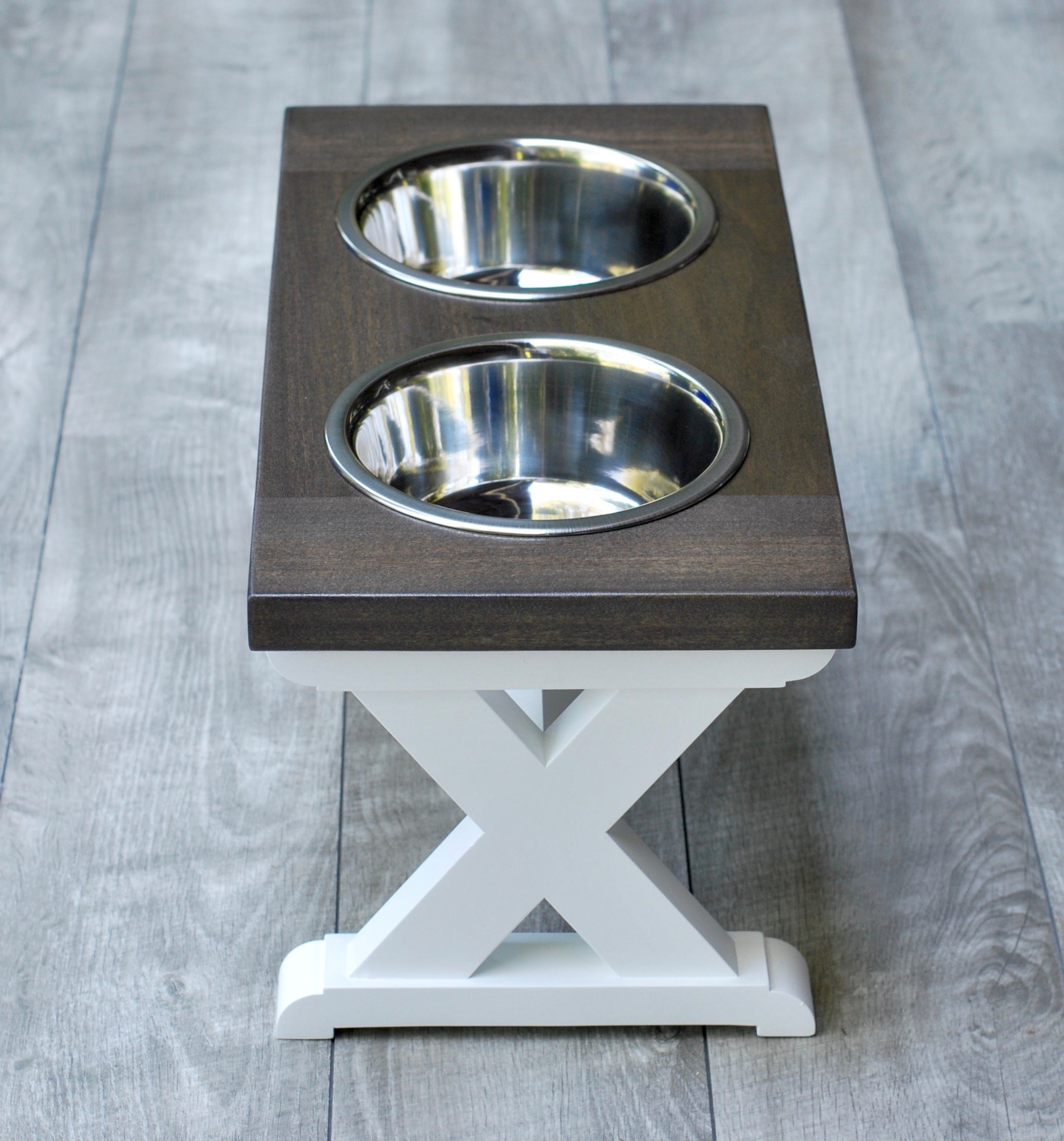 Small Elevated Dog Bowl Stand - Trestle Farmhouse Table Two Bowl Stand