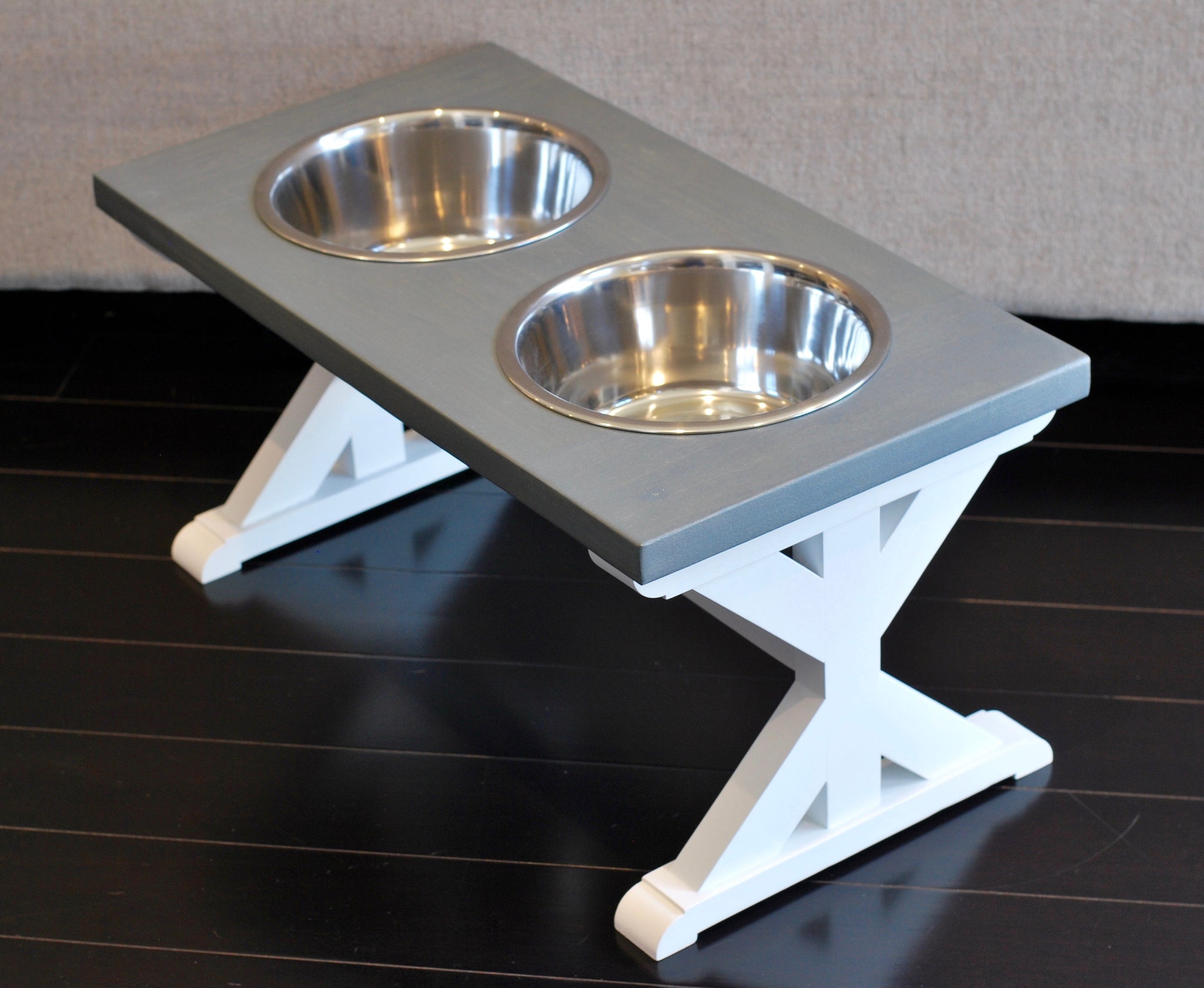 Large Elevated Dog Bowl Stand - Trestle Farmhouse Table Three Bowl