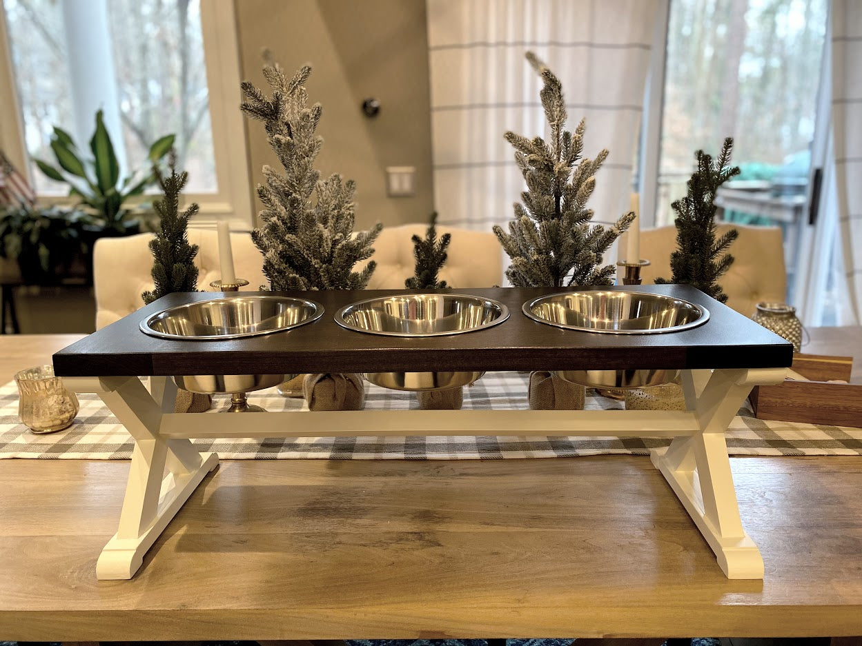 Small Elevated Dog Bowl Stand - Trestle Farmhouse Table Two Bowl Stand -  billscustombuilds