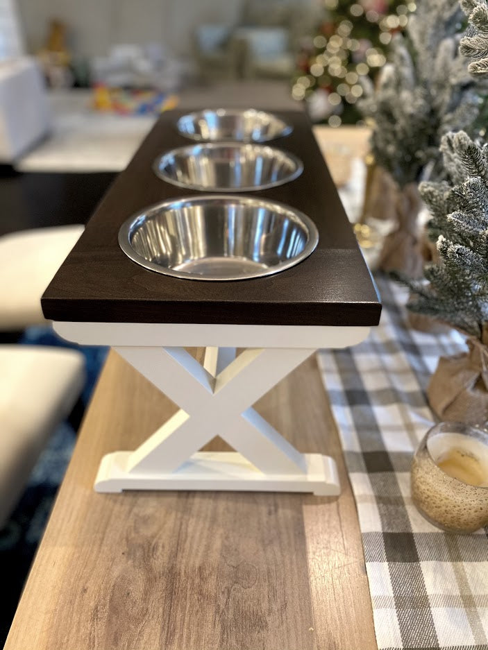 Large Elevated Dog Bowl Stand - X Pattern Farmhouse Table - Three Bowl -  billscustombuilds
