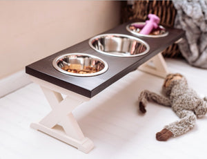 Medium Elevated Dog Bowl Stand - X Pattern Farmhouse Table - Three Bowl Stand