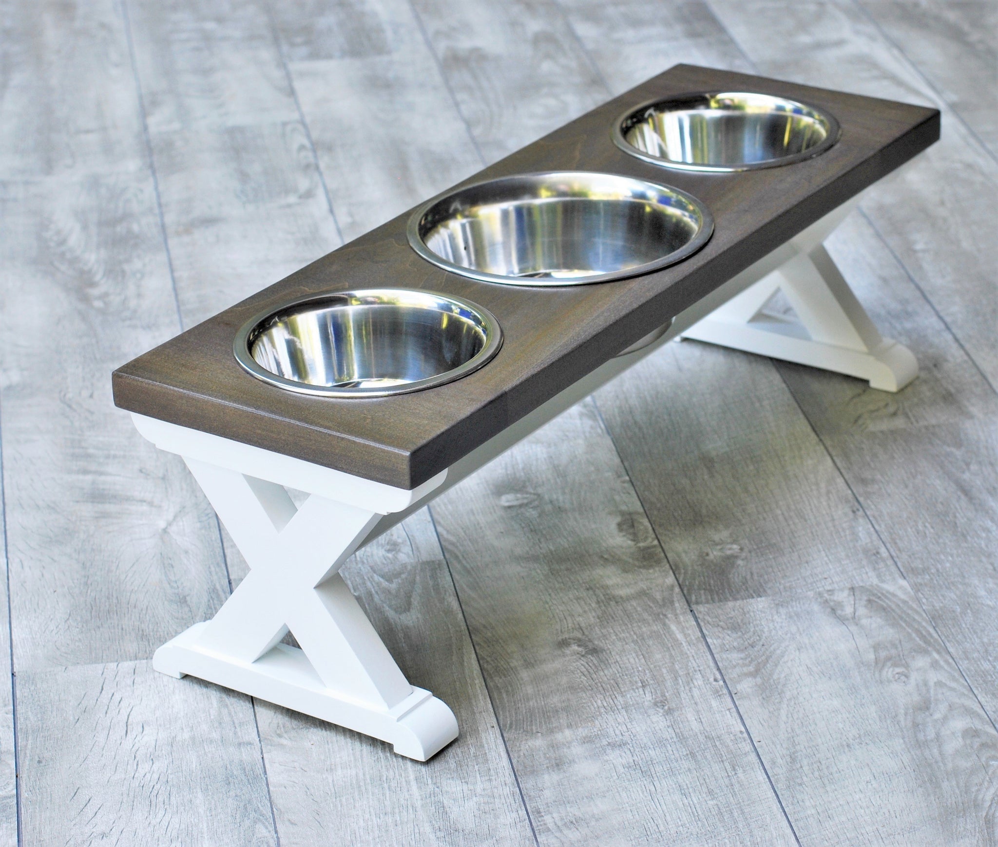 Large Elevated Dog Bowl Stand - Trestle Farmhouse Table Three Bowl Sta -  billscustombuilds