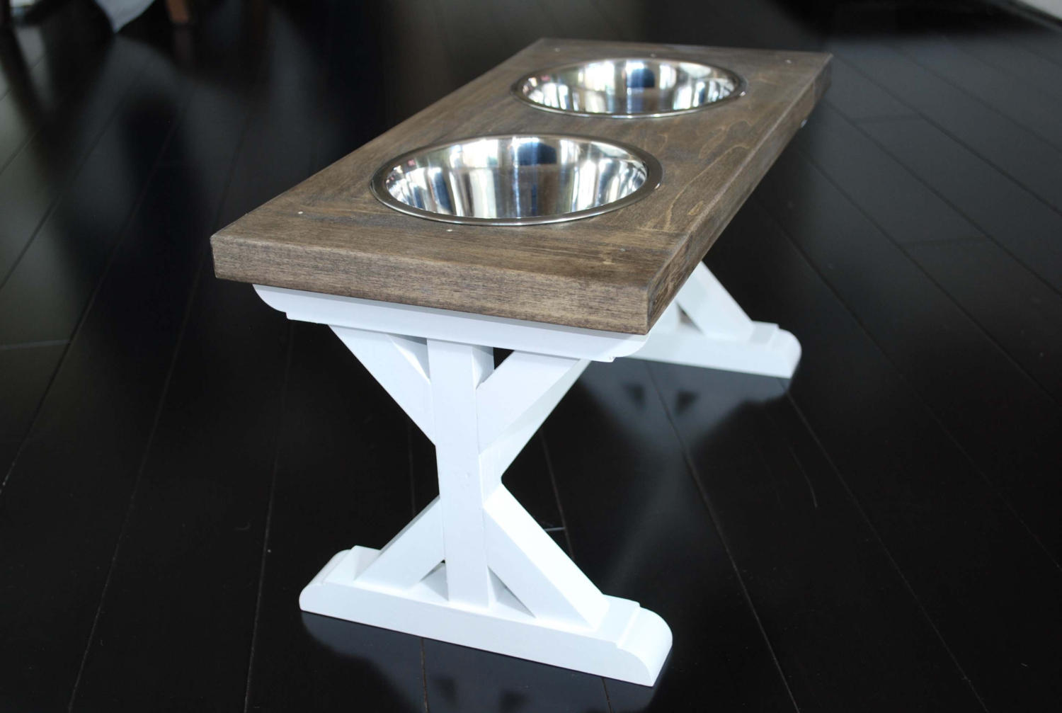 Medium Elevated Dog Bowl Stand - Trestle Farmhouse Two Bowl Stand -  billscustombuilds