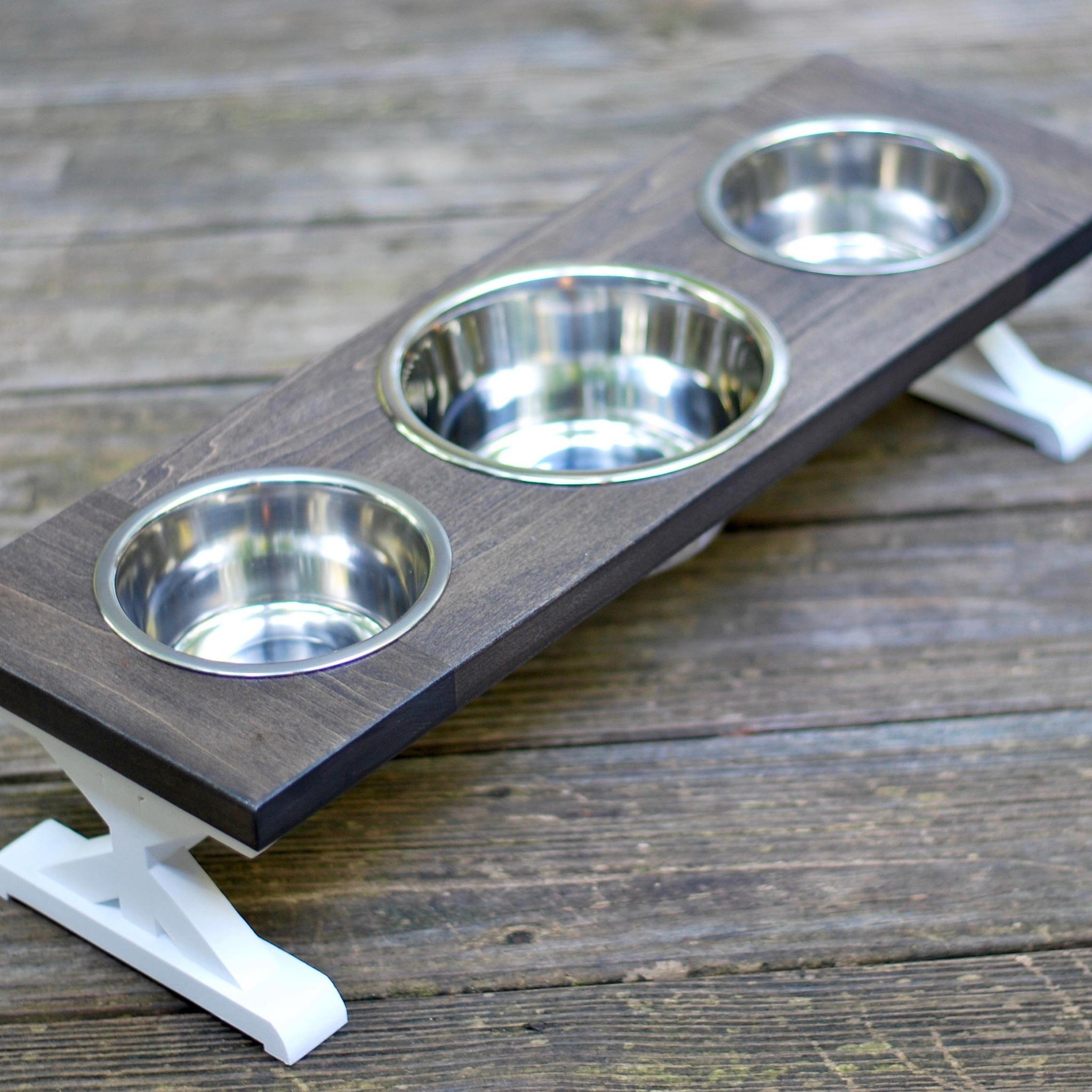 Medium Elevated Dog Bowl Stand - Trestle Farmhouse Table - Three Bowl Stand