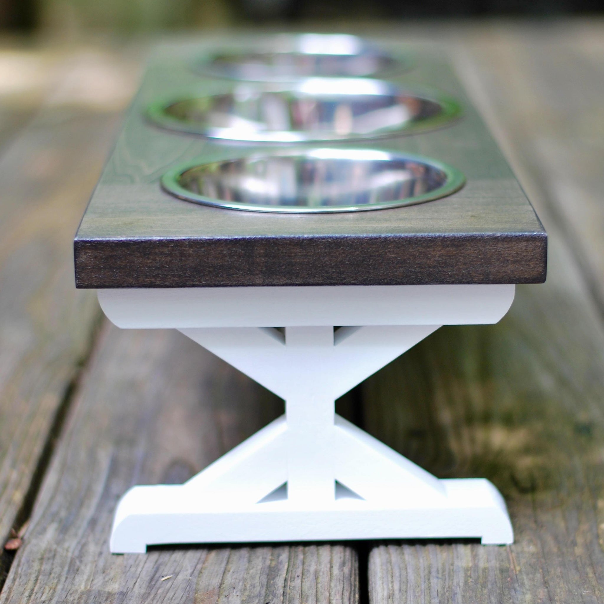 Large Elevated Dog Bowl Stand - Trestle Farmhouse Table Three Bowl Sta -  billscustombuilds