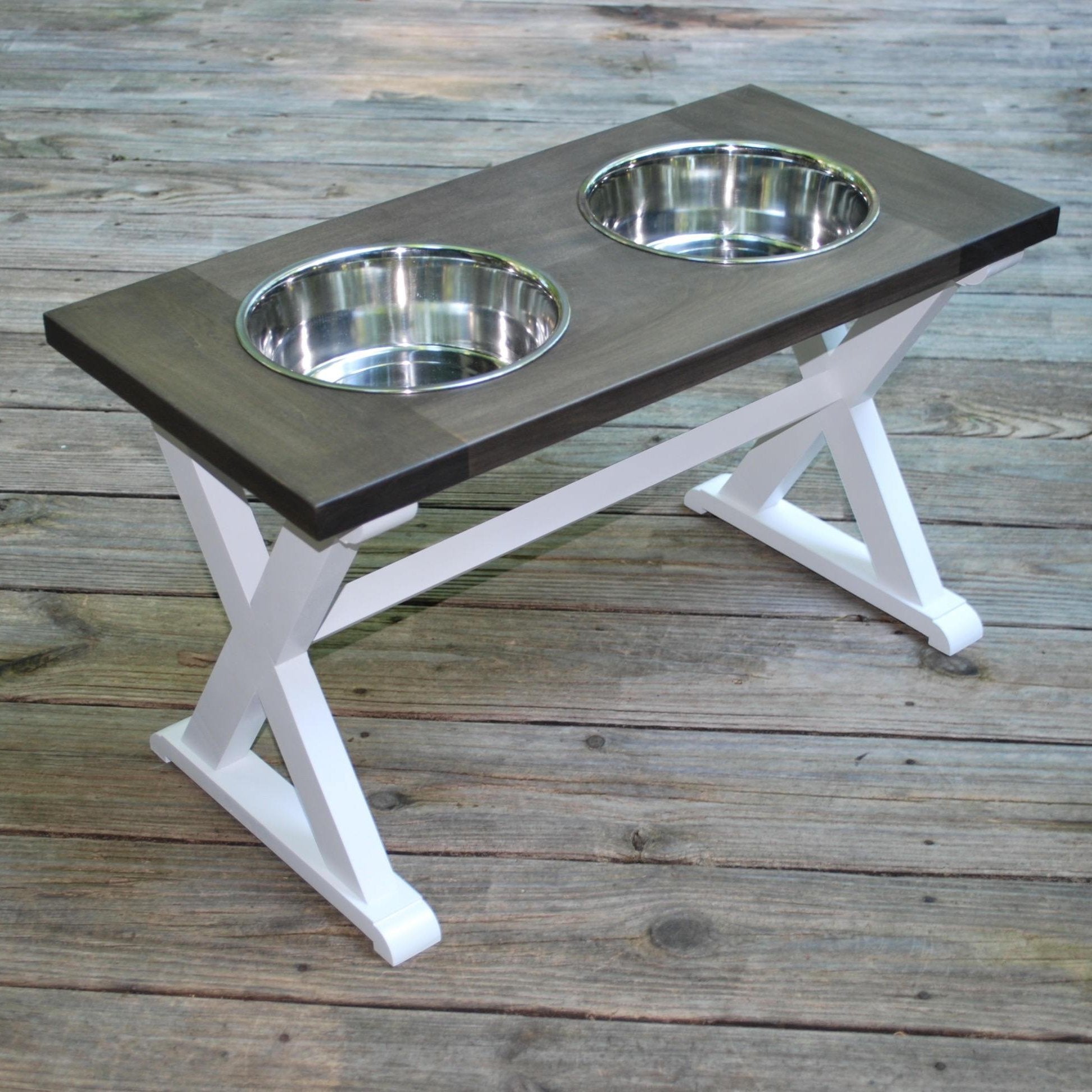 Small Elevated Dog Bowl Stand - Trestle Farmhouse Table Two Bowl Stand -  billscustombuilds