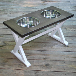 Extra Large Elevated Dog Bowl Stand - X Pattern Farmhouse Table - Two Bowl Feeder