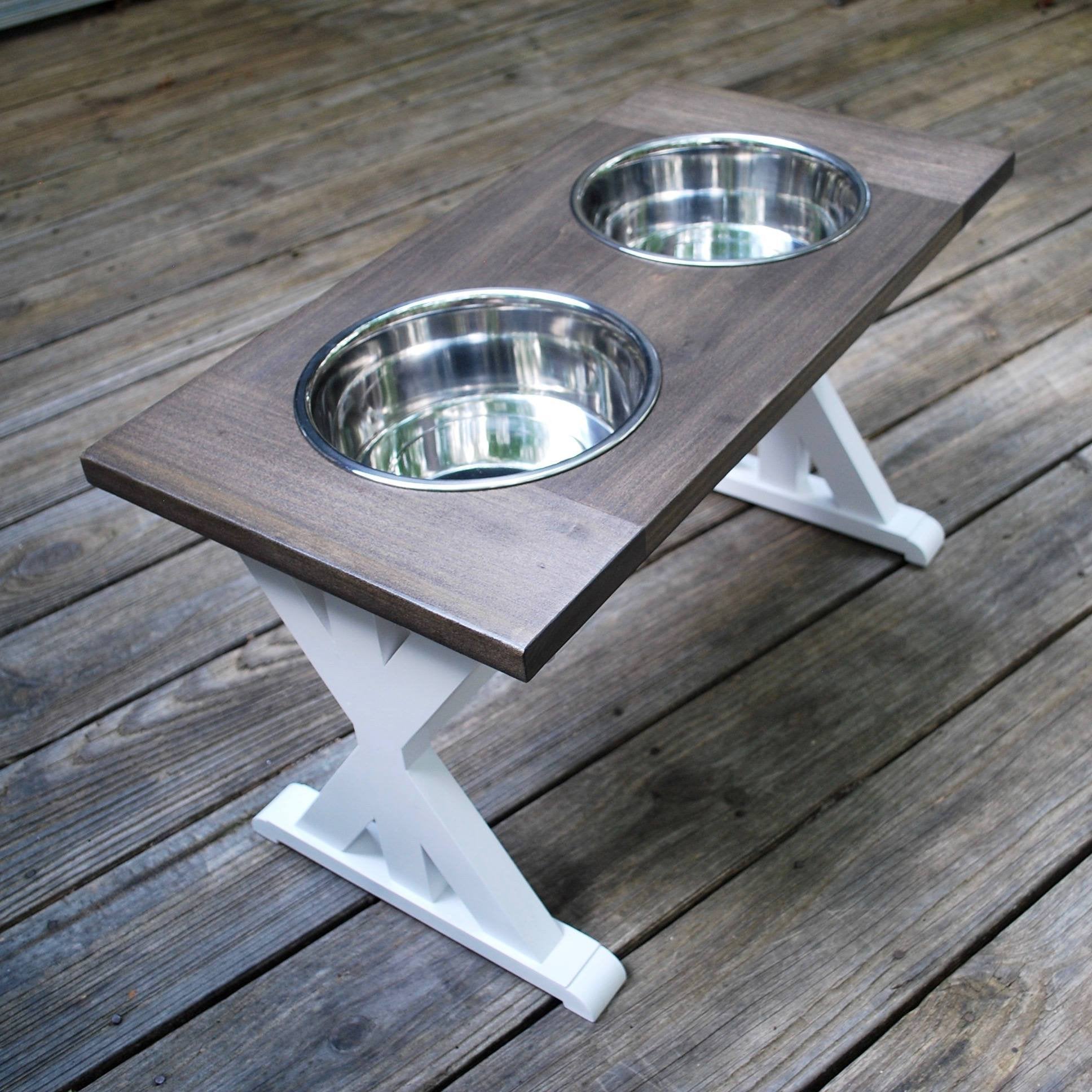 Medium Elevated Dog Bowl Stand - Trestle Farmhouse Two Bowl Stand -  billscustombuilds