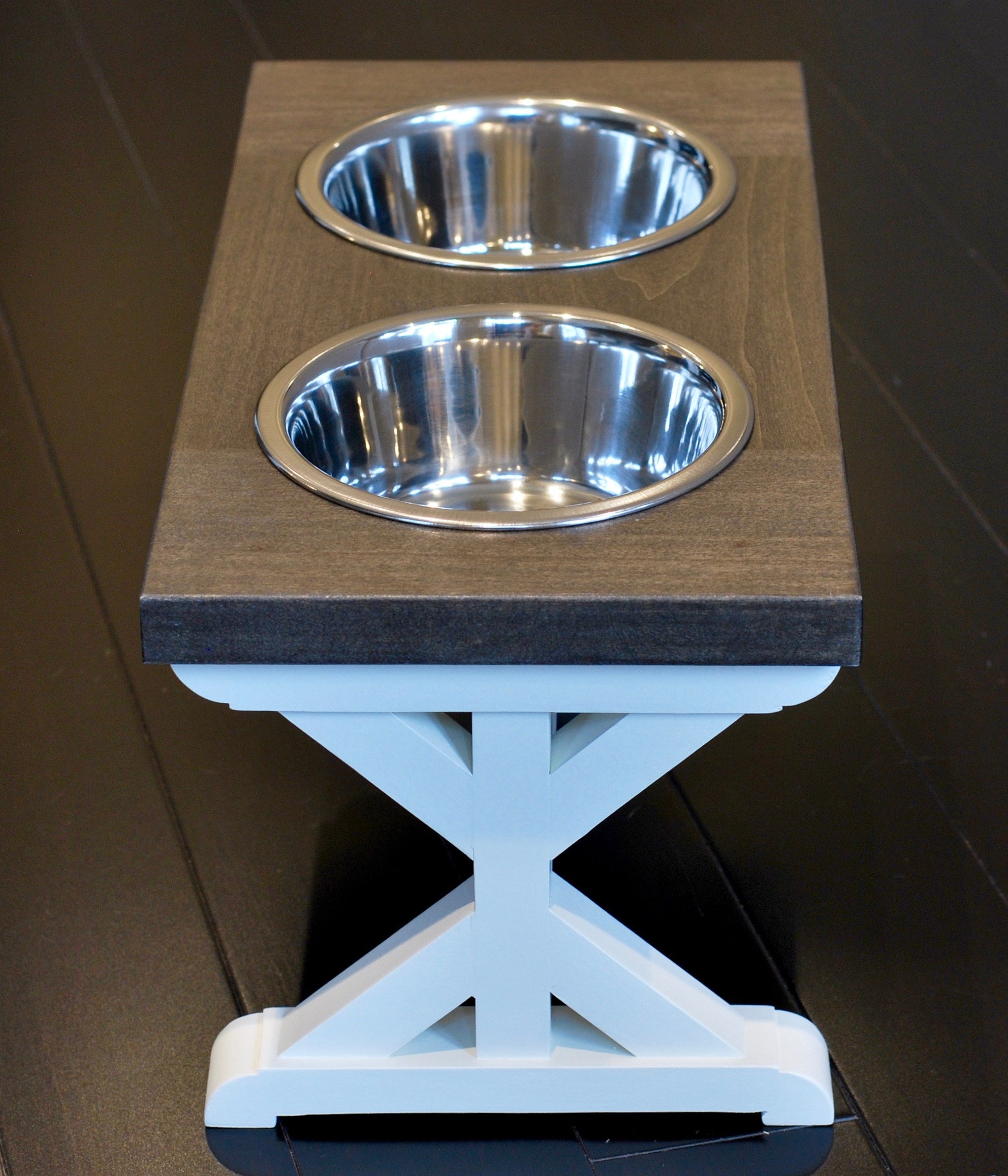 Medium Elevated Dog Bowl Stand - Trestle Farmhouse Two Bowl Stand -  billscustombuilds