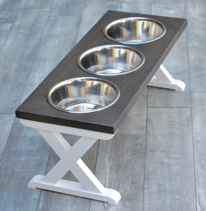 Large Elevated Dog Bowl Stand - X Pattern Farmhouse Table - Three Bowl Stand