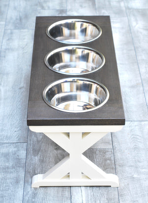 Large Elevated Dog Bowl Stand - Trestle Farmhouse Table Three Bowl Stand