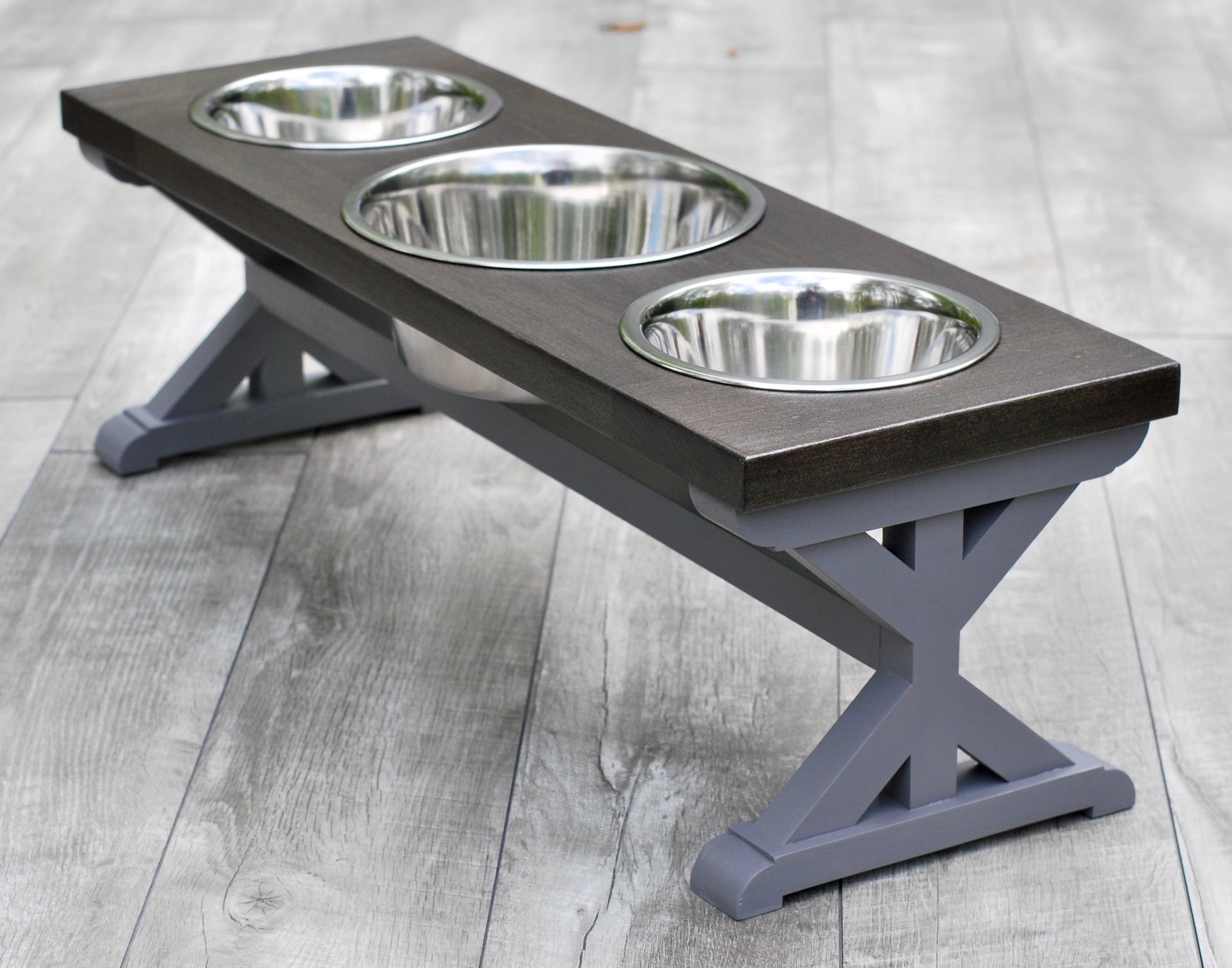 Large Elevated Dog Bowl Stand - Trestle Farmhouse Table Three Bowl