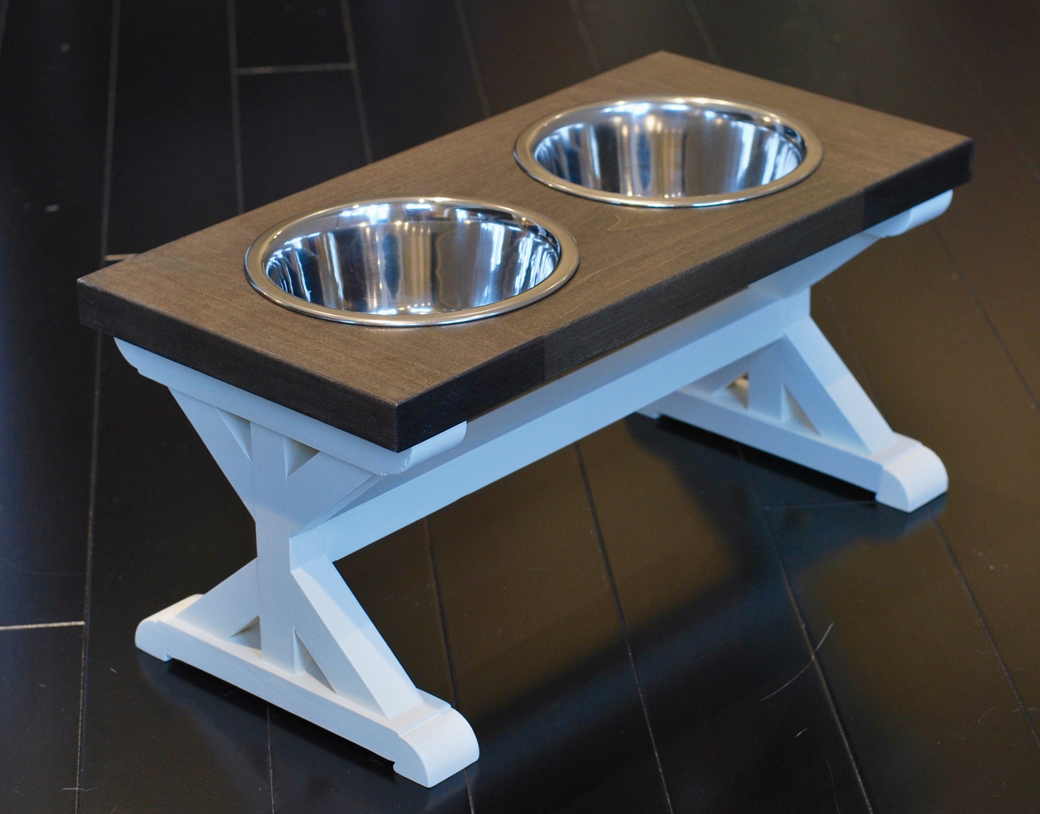 Small Elevated Dog Bowl Stand - Trestle Farmhouse Table Two Bowl Stand