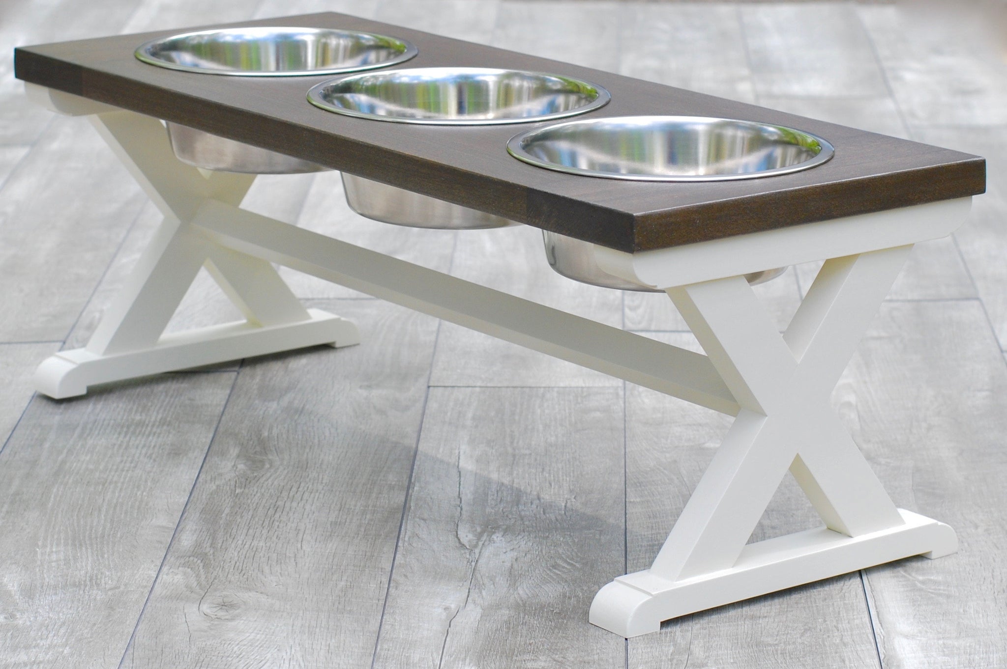 Large Elevated Dog Bowl Stand - X Pattern Farmhouse Table - Three Bowl -  billscustombuilds