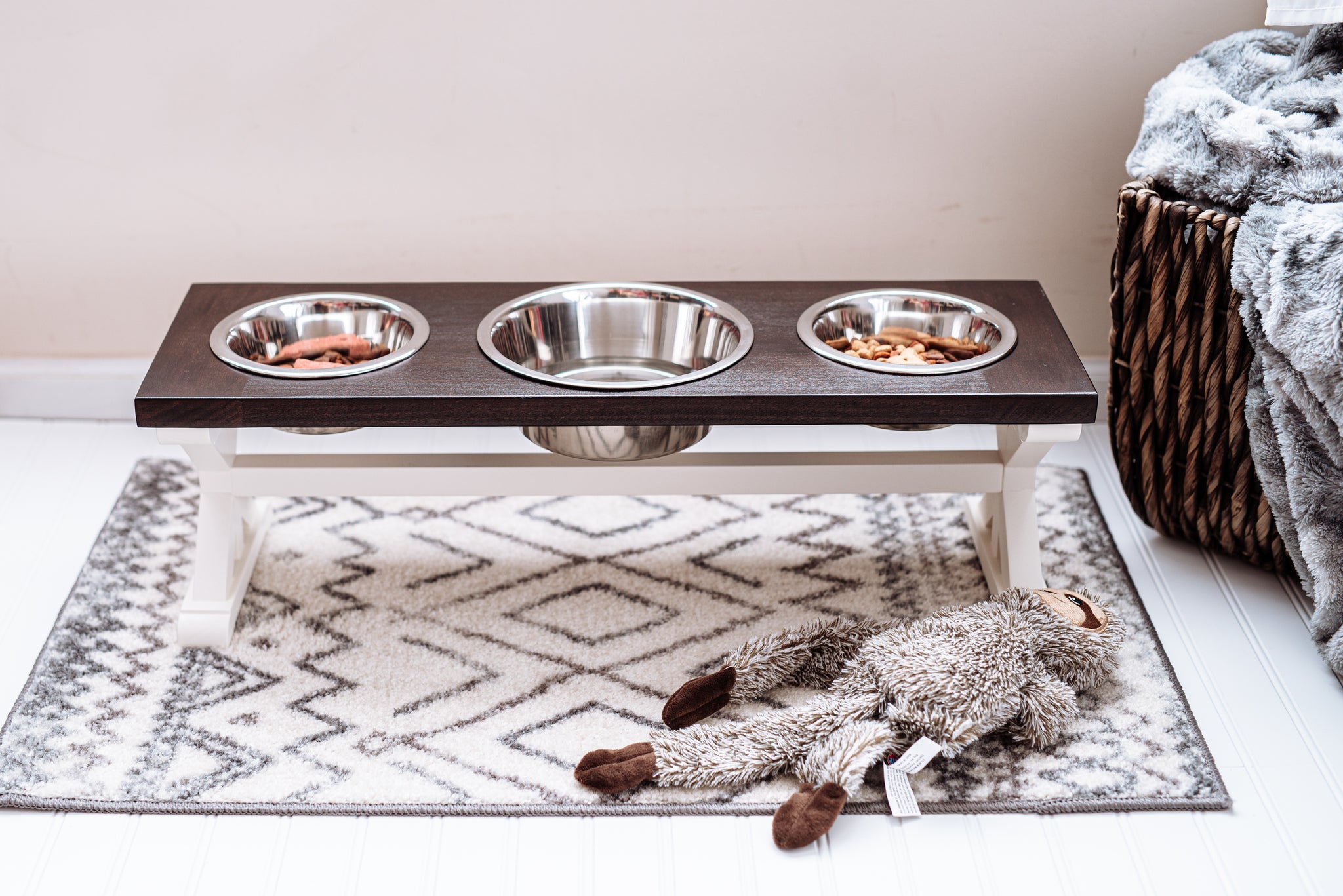 Medium Elevated Dog Bowl Stand - Trestle Farmhouse Table - Three Bowl Stand